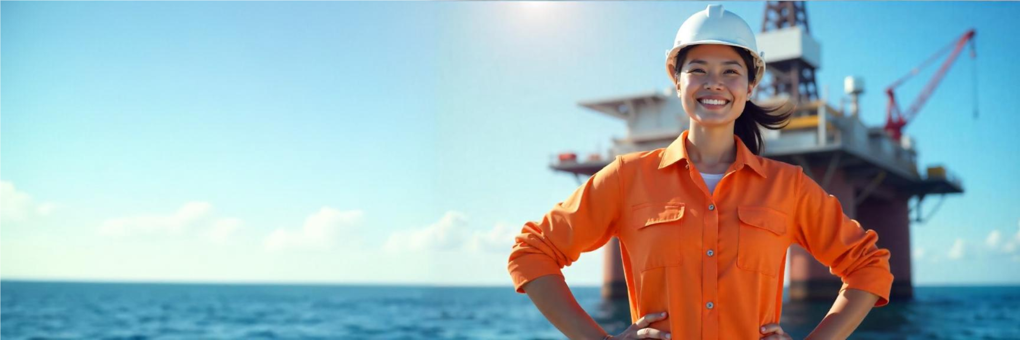 Asian female offshore worker smiling with oil rig as background